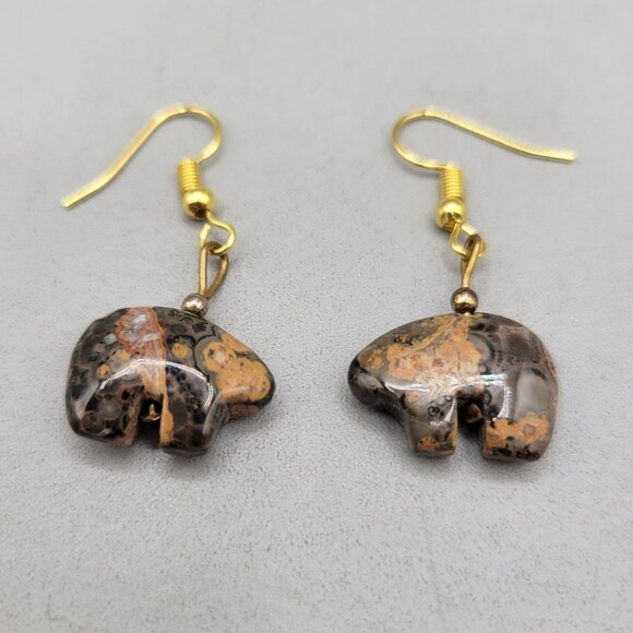 Fetish Bear Shaped Leopard Jasper Stone Dangle Earrings Gold Tone Hooks - Picture 1 of 2